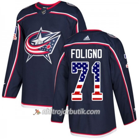 Män Ishockey Blue Jackets Tröja Nick Foligno 71 Adidas 2017-2018 Marinblå USA Flag Fashion Authentic